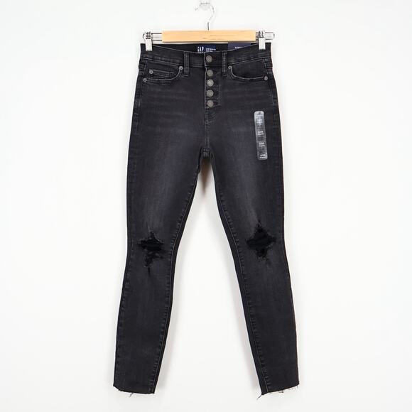 NWT GAP Stretch Denim High Rise Exposed Button Fly Legging Black Wash Size 0/25 - Picture 1 of 8